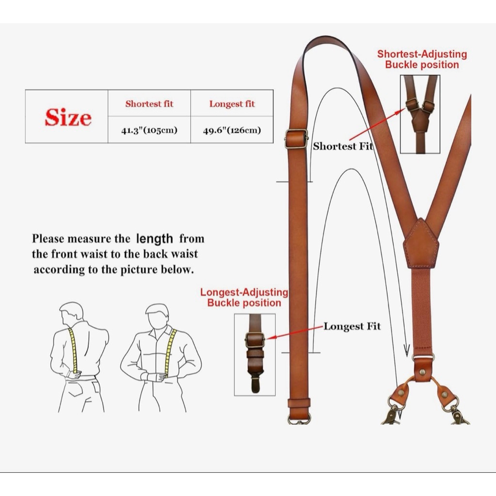 NEW Mens Brown Leather Suspenders Y Back Design Adjustable Metal Clips - Picture 2 of 6